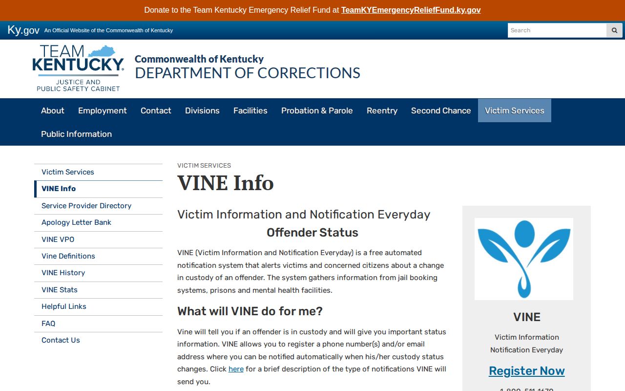 Kentucky VINE custody and release notification information for Woodford County