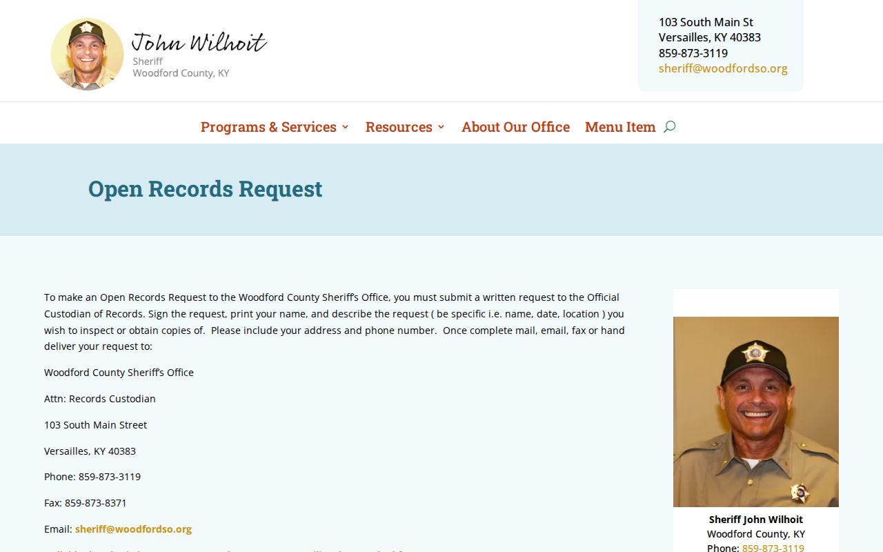 Woodford County booking record open-records request page