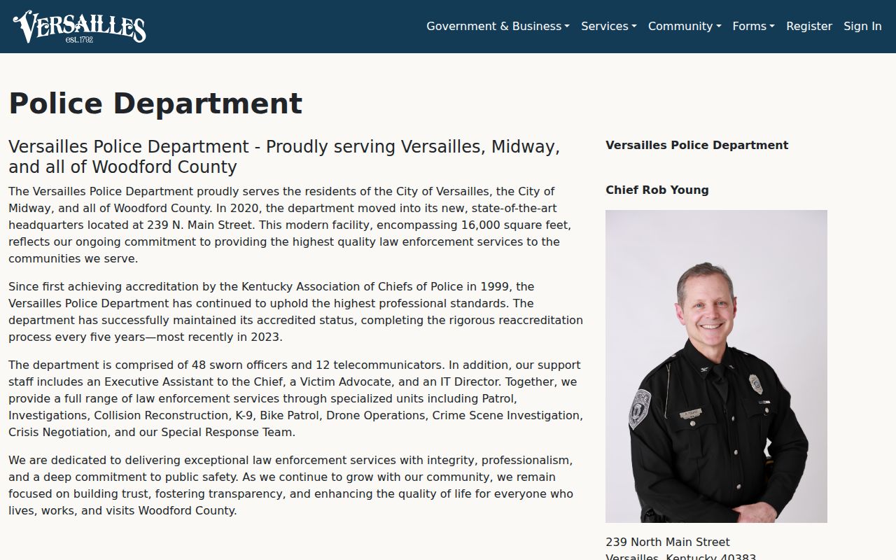 Official Versailles Police Department page showing service and contact information
